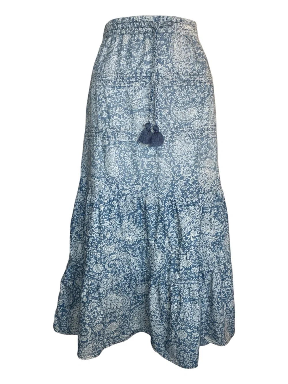 J. Jill denim prairie skirt, women's S, light wash blue, tiers, Drawstring. Euc